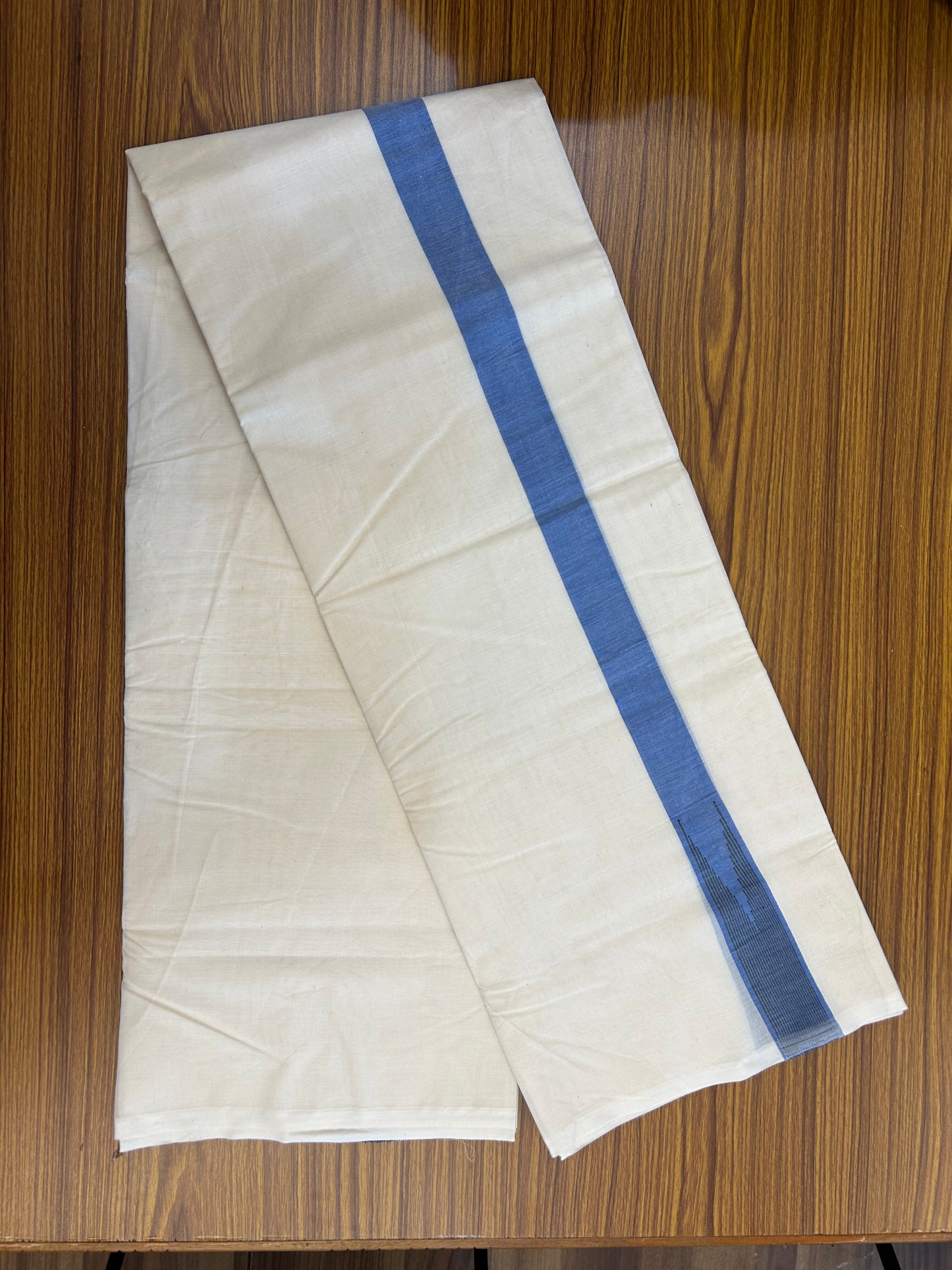 20% Discount ! KaithariKada 100% Cotton off white Double - (Unbleached) Mundu/Dhoti - 100X100 - 1.25 inch Puliyilakkara Blue & Black Striped Chutty kara - 4 mtr (8.5 muzham) - 8 KK5347 ASH