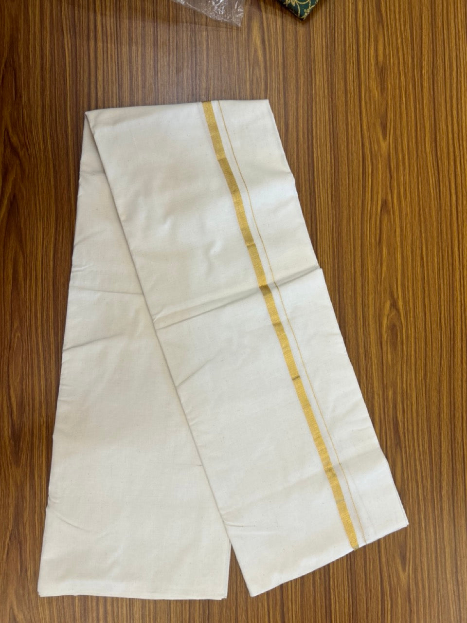 25% DISCOUNT!! SIGNATURE KAITHARIKADA EXCLUSIVE SINGLE DHOTI - 100% Cotton Balaramapuram HANDLOOM Single Mundu/Dhoti - Off White (Unbleached) 0.5 inch Gold Kasav Kara (2 meter / 4 muzham) - 8 KK5269 KAI