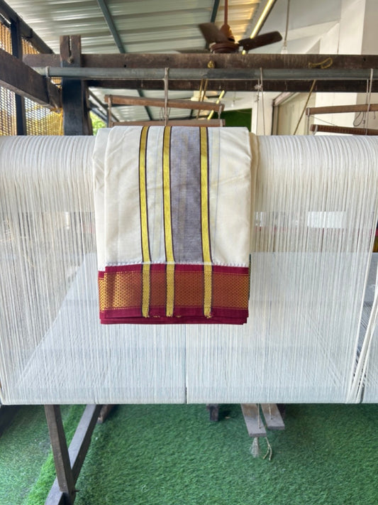 20% DISCOUNT! KaithariKada 100% Cotton Off White - (Unbleached) 100x100 thread - NORTH INDIAN- ATTACHED GAMCHA 10X6 Dhoti 2 inch Violet kara with Maroon & Dark Green Kasavu border - 26KK5196PMC
