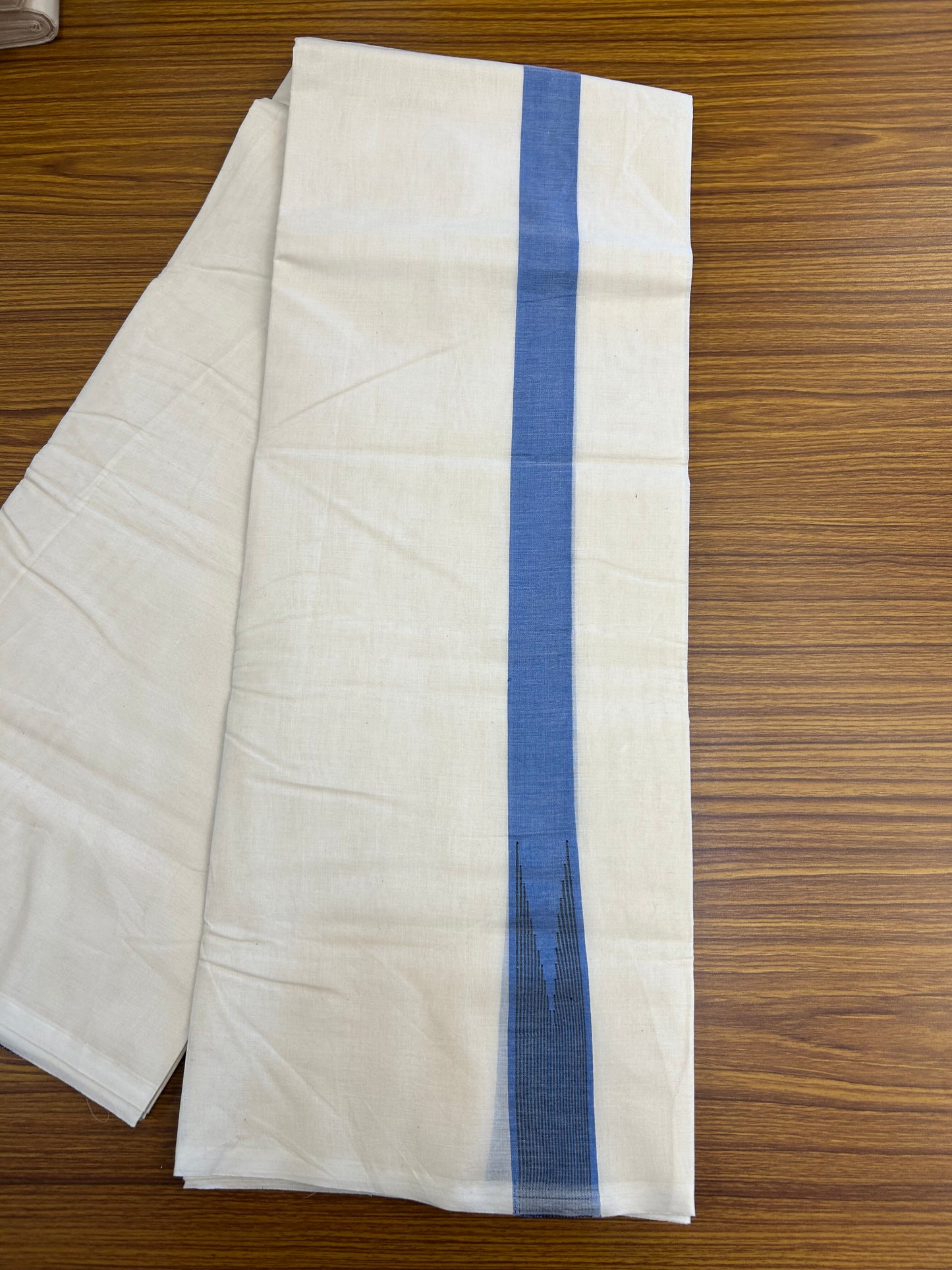 20% Discount ! KaithariKada 100% Cotton off white Double - (Unbleached) Mundu/Dhoti - 100X100 - 1.25 inch Puliyilakkara Blue & Black Striped Chutty kara - 4 mtr (8.5 muzham) - 8 KK5347 ASH