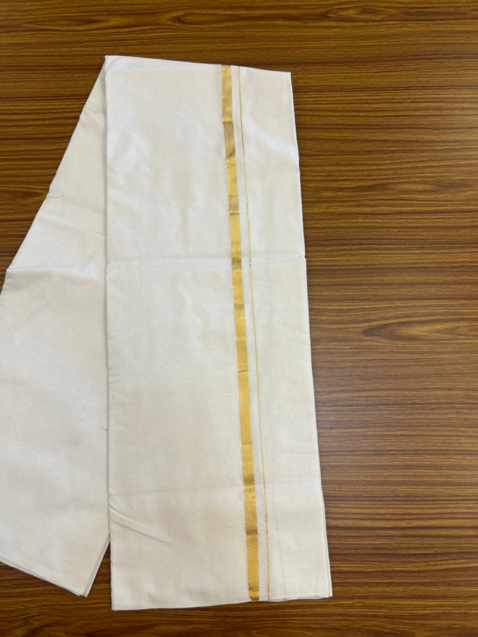 25% DISCOUNT!! SIGNATURE KAITHARIKADA EXCLUSIVE SINGLE DHOTI - 100% Cotton Balaramapuram HANDLOOM Single Mundu/Dhoti - Off White (Unbleached) 0.5 inch Gold Kasav Kara (2 meter / 4 muzham) - 8 KK5269 KAI