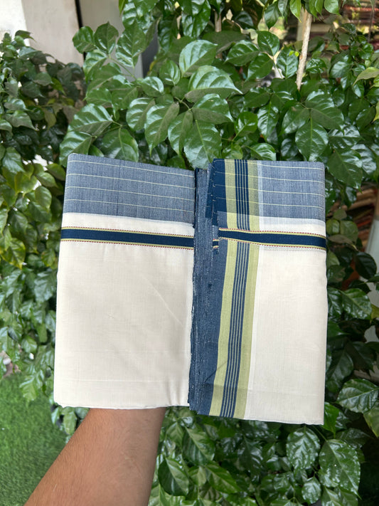 25% Discount!! KaithariKada Handloom  Unakkupaav - Kerala Handloom - 100% Pure Cotton Off White - (Unbleached) Double Mundu/Dothi - 100 x 80 - 5.5 inch Maroon Green & Peacock Green Side Striped Kara 3.80 meter (8 muzham) - 1 KK5366 REA