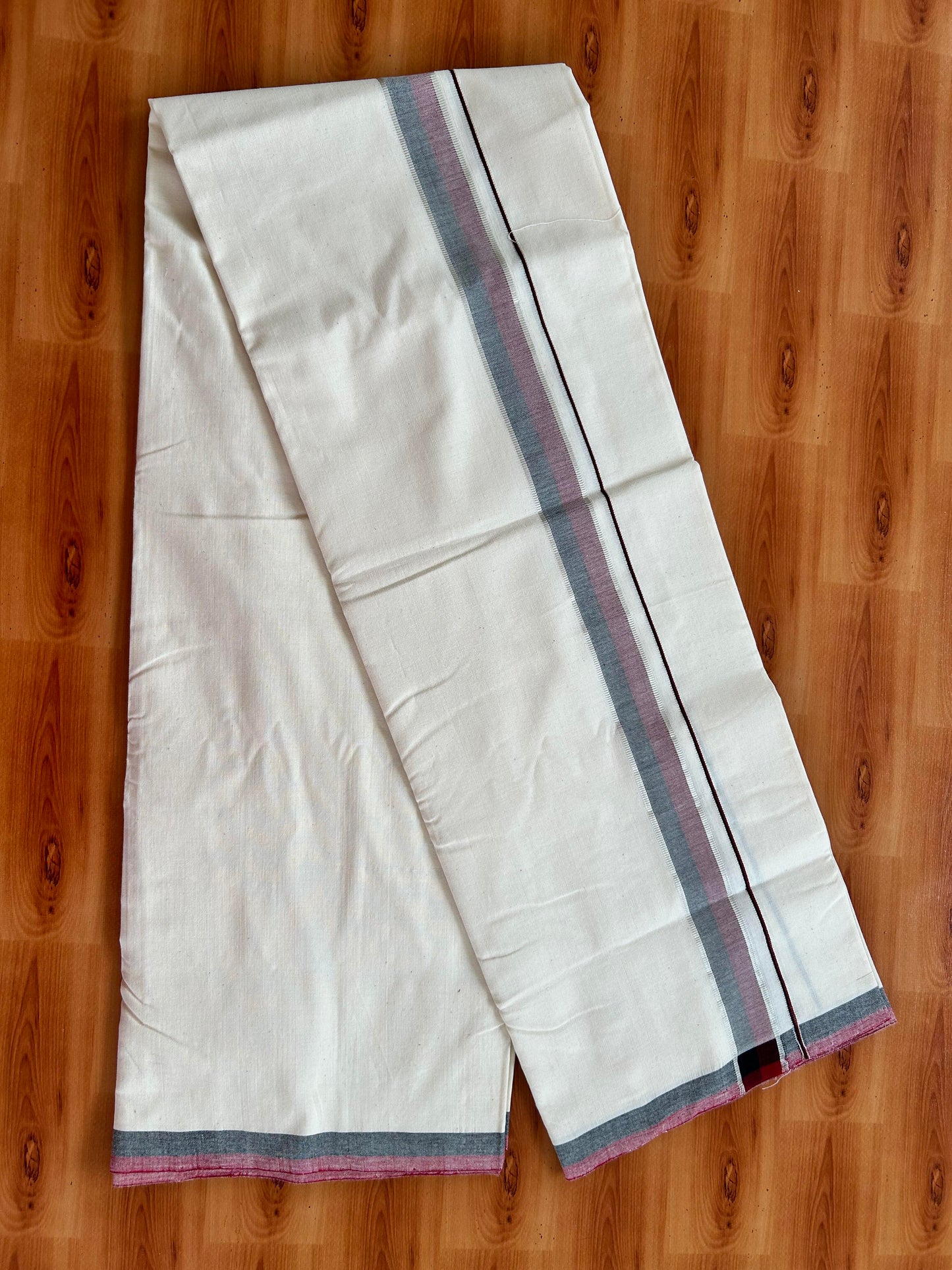 Dmk Veshti - 25%Discount !! Signature Kaitharikada Exclusive Single Dhoti - 100% Cotton - Kerala Handloom Single Mundu/Dhoti - Off White - (Unbleached) 1.25 inch Silver Kasav Black & Maroon Shaded kara (2 meter / 4 muzham)- 1 KK5410 KAI