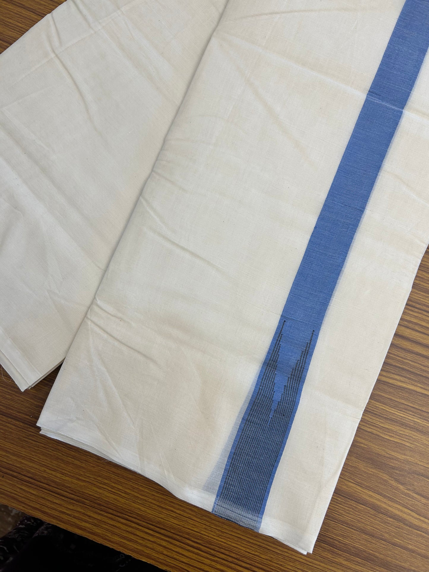 20% Discount ! KaithariKada 100% Cotton off white Double - (Unbleached) Mundu/Dhoti - 100X100 - 1.25 inch Puliyilakkara Blue & Black Striped Chutty kara - 4 mtr (8.5 muzham) - 8 KK5347 ASH