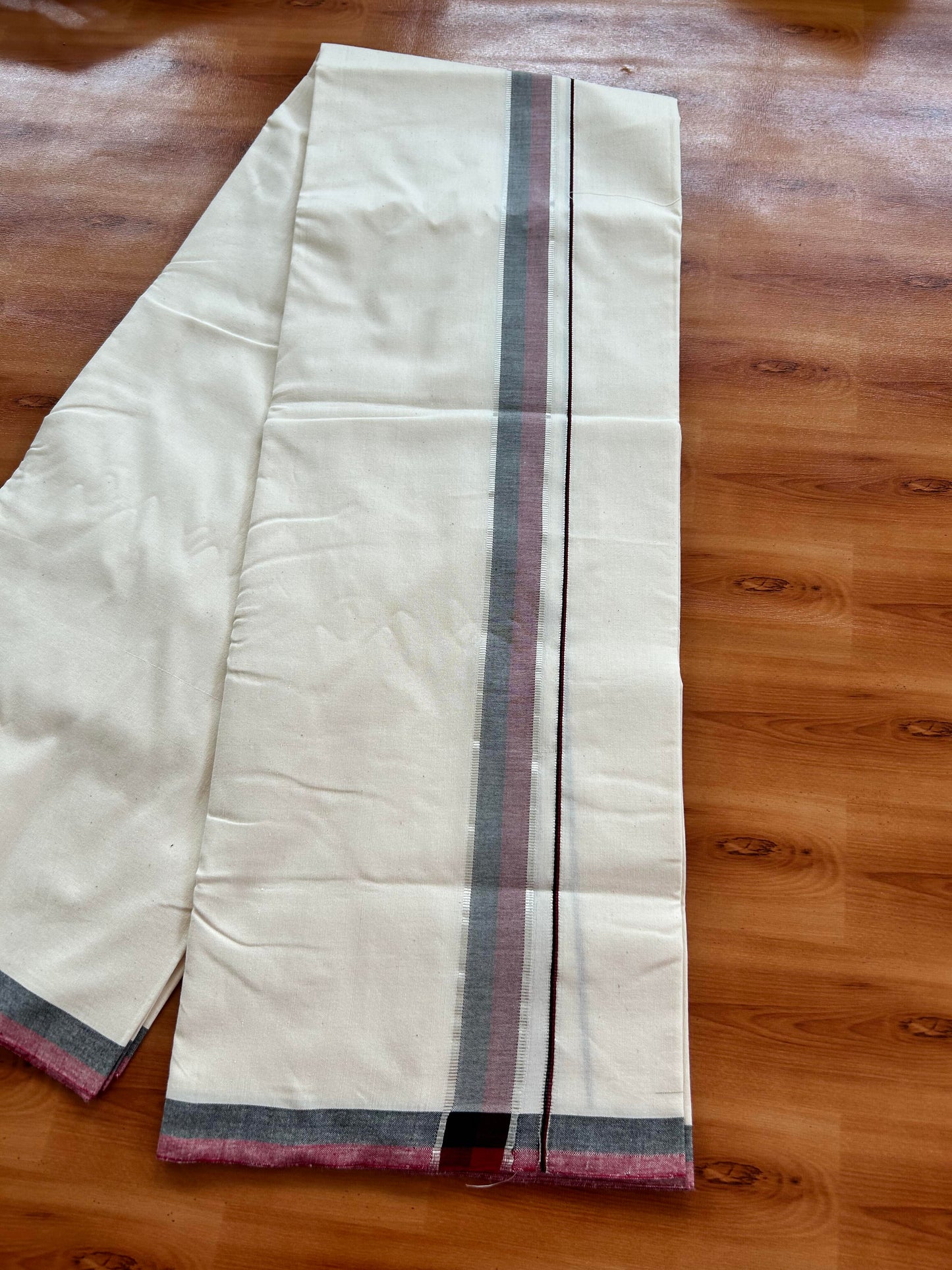 Dmk Veshti - 25%Discount !! Signature Kaitharikada Exclusive Single Dhoti - 100% Cotton - Kerala Handloom Single Mundu/Dhoti - Off White - (Unbleached) 1.25 inch Silver Kasav Black & Maroon Shaded kara (2 meter / 4 muzham)- 1 KK5410 KAI