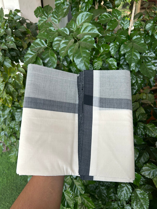 25% Discount!! KaithariKada Handloom  Unakkupaav - Kerala Handloom - 100% Pure Cotton Off White - (Unbleached) Double Mundu/Dothi - 100 x 80 - 5.5 inch Black Side Striped Kara 4 meter (8.5 muzham) - 3 KK5366 REA