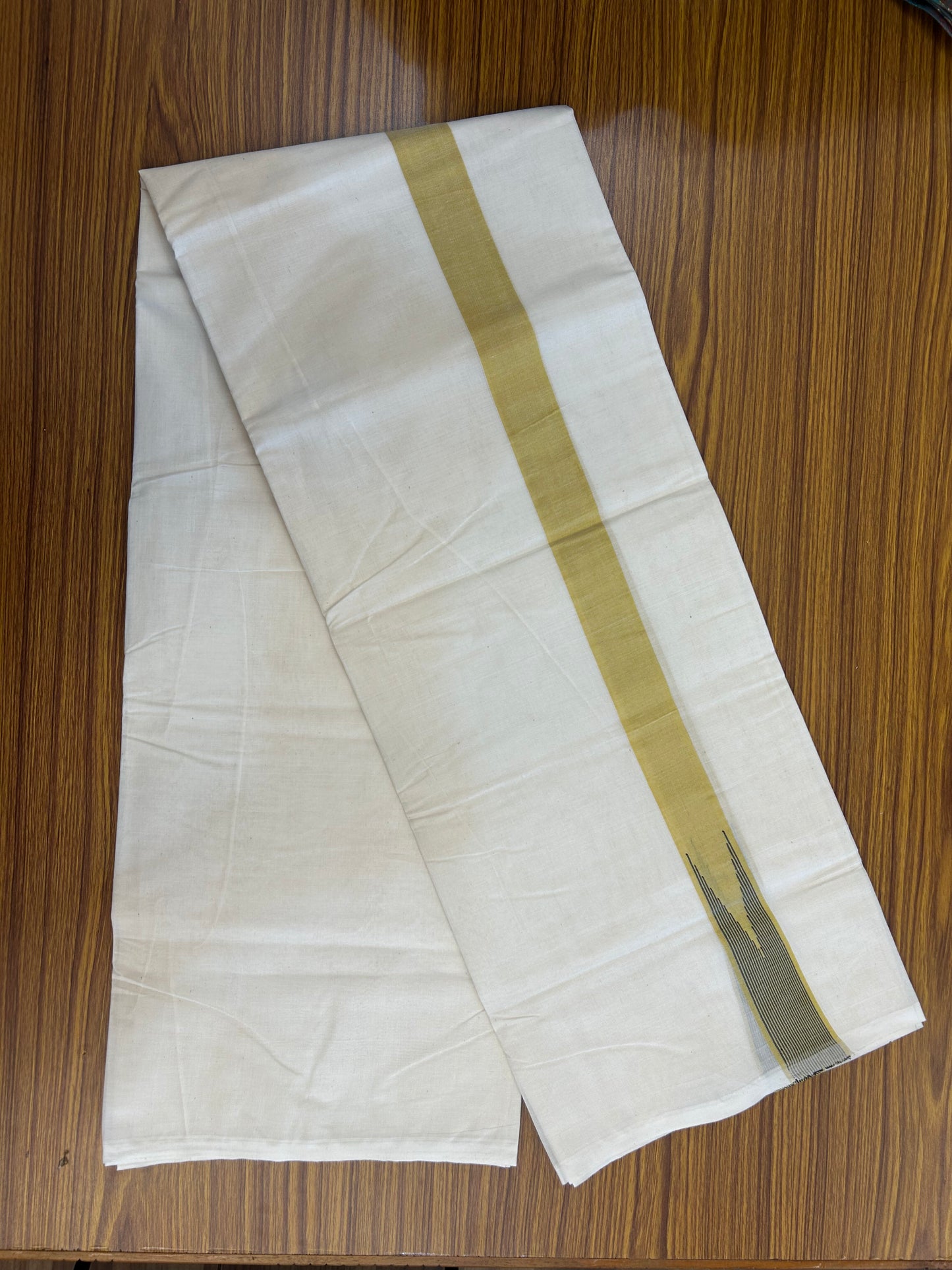 20% Discount ! KaithariKada 100% Cotton off white Double - (Unbleached) Mundu/Dhoti - 100X100 - 1.25 inch Puliyilakkara Mustard Yellow & Black Striped Chutty kara - 4 mtr (8.5 muzham) - 12 KK5347 ASH