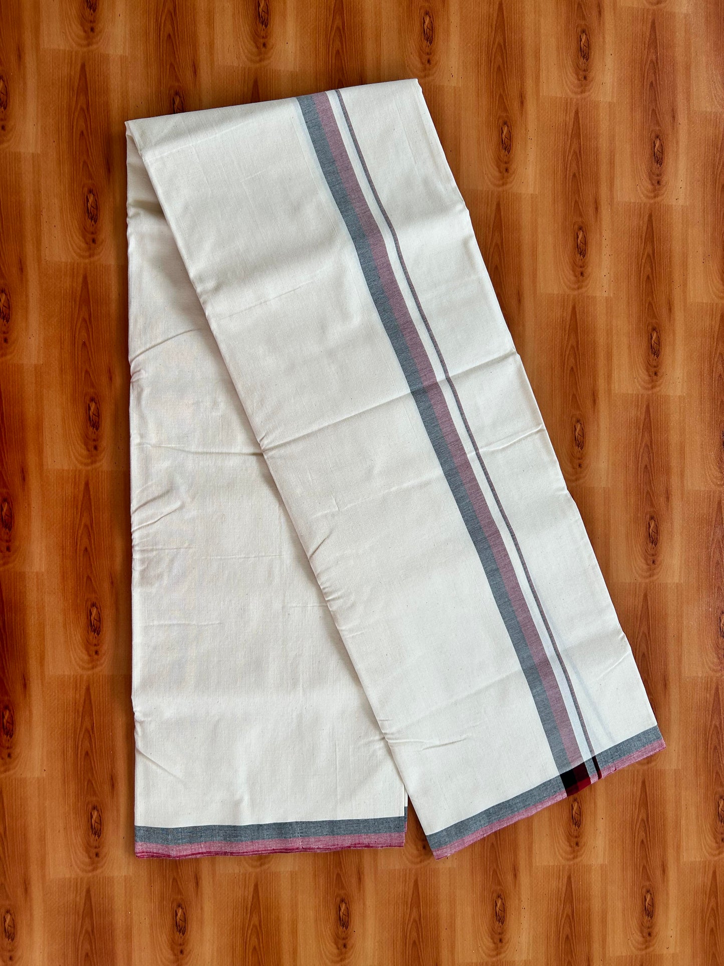 Dmk Veshti - 25%Discount !! Signature Kaitharikada Exclusive Single Dhoti - 100% Cotton - Kerala Handloom Single Mundu/Dhoti - Off White - (Unbleached) 1 inch Black & Maroon Shaded kara (2 meter / 4 muzham)- 2 KK5410 KAI