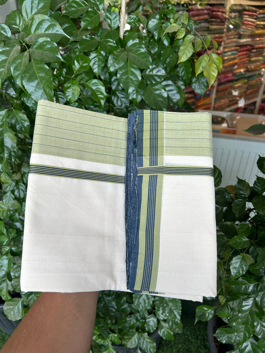 25% Discount!! KaithariKada Handloom  Unakkupaav - Kerala Handloom - 100% Pure Cotton Off White - (Unbleached) Double Mundu/Dothi - 100 x 80 - 6.5 inch Peacock Blue & Pastel Olive Side Striped Kara 4 meter (8.5 muzham) - 6 KK5366 REA