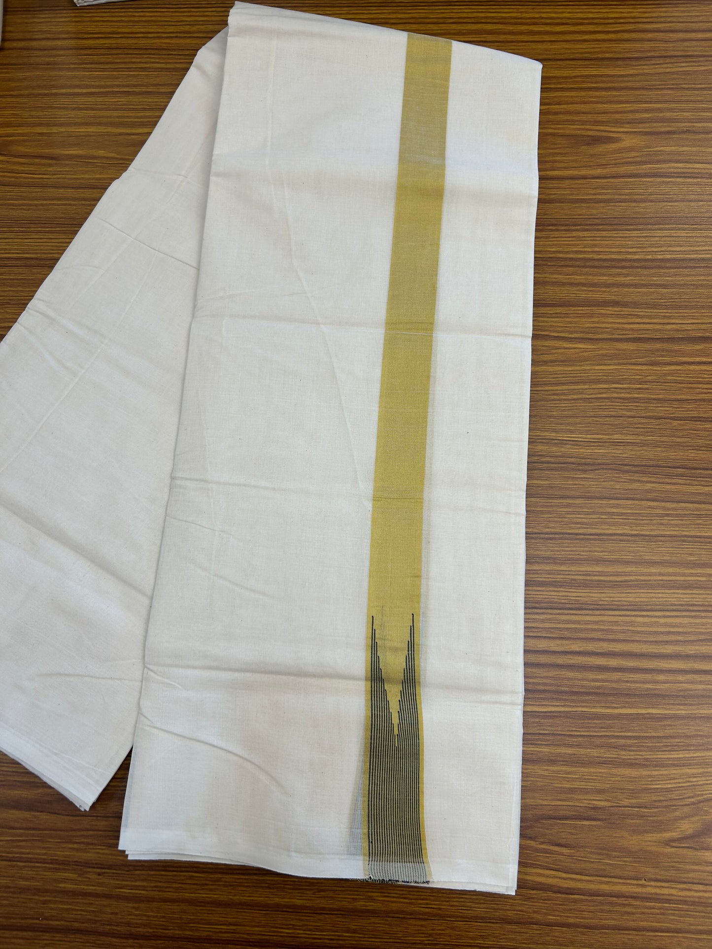 20% Discount ! KaithariKada 100% Cotton off white Double - (Unbleached) Mundu/Dhoti - 100X100 - 1.25 inch Puliyilakkara Mustard Yellow & Black Striped Chutty kara - 4 mtr (8.5 muzham) - 12 KK5347 ASH