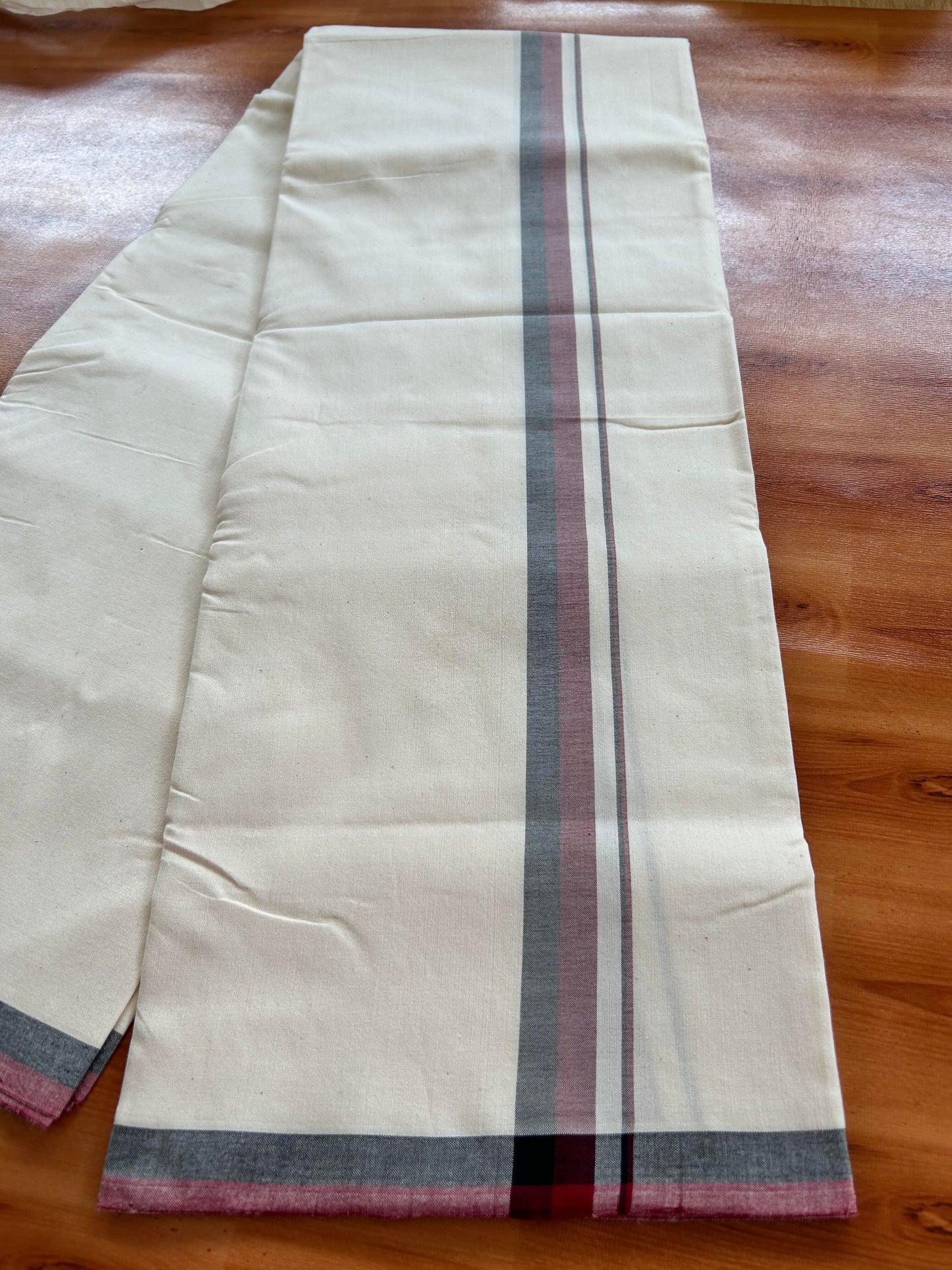 Dmk Veshti - 25%Discount !! Signature Kaitharikada Exclusive Single Dhoti - 100% Cotton - Kerala Handloom Single Mundu/Dhoti - Off White - (Unbleached) 1 inch Black & Maroon Shaded kara (2 meter / 4 muzham)- 2 KK5410 KAI