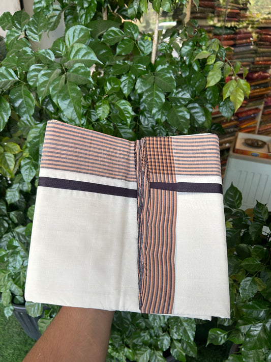 25% Discount!! KaithariKada Handloom  Unakkupaav - Kerala Handloom - 100% Pure Cotton Off White - (Unbleached) Double Mundu/Dothi - 100 x 80 - 5 inch Orange Brown & Dark Brown Side Striped Kara 4 meter (8.5 muzham) - 2 KK5366 REA
