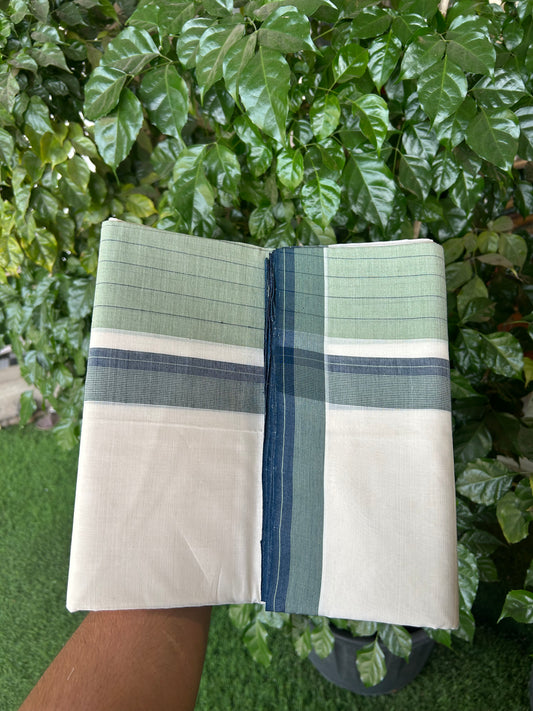 25% Discount!! KaithariKada Handloom  Unakkupaav - Kerala Handloom - 100% Pure Cotton Off White - (Unbleached) Double Mundu/Dothi - 100 x 80 - 6.5 inch Peacock Green & Mint Green Side Striped Kara 4 meter (8.5 muzham) - 5 KK5366 REA