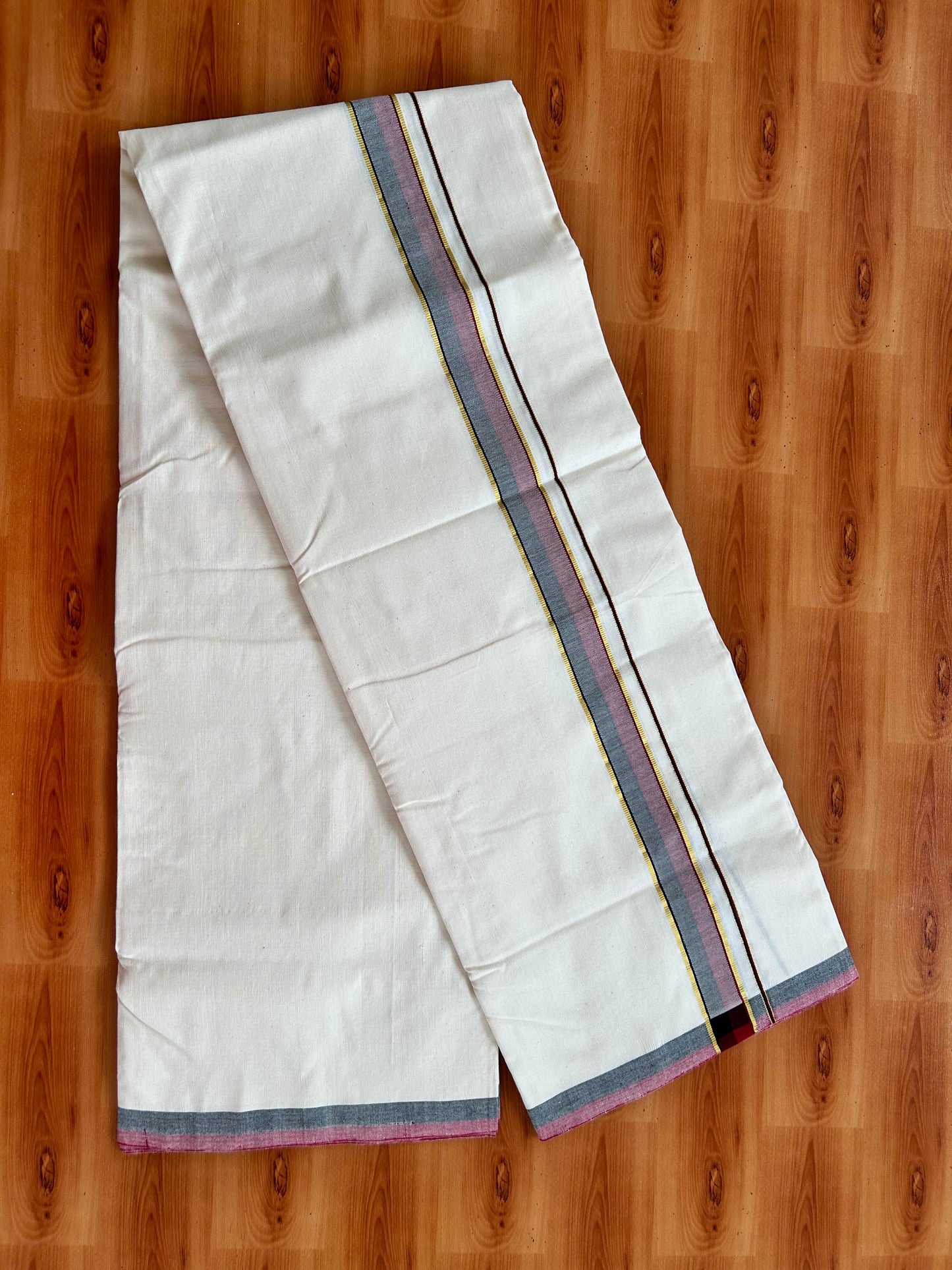 Dmk Veshti - 25%Discount !! Signature Kaitharikada Exclusive Single Dhoti - 100% Cotton - Kerala Handloom Single Mundu/Dhoti - Off White - (Unbleached) 1.25 inch Gold Kasav Black & Maroon Shaded kara (2 meter / 4 muzham)- 3 KK5410 KAI