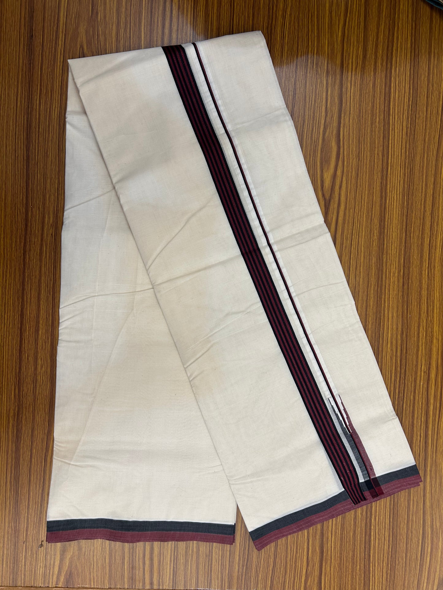 Dmk Veshti - 20% Discount !! KaithariKada Balaramapuram Double Off White - (Unbleached) Mundu/Dhoti - 100X100 - 1 inch Puliyilakkara Maroon & Black Striped Chutty Kara 4 meters (8.5 Muzham) -  15 KK5347 ASH