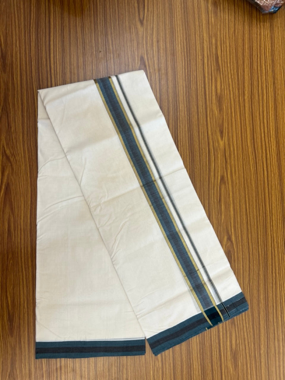 25% DISCOUNT!! KaithariKada HANDLOOM UNAKKUPAAV Balaramapuram - 100% PURE Cotton OFF White Double - (Unbleached)- Mundu/Dothi - 1.5 inch Gold Kasav Dark Teal Green & Black Kara 4 Meters (8.5 Muzham) - 51 KK5249 REA