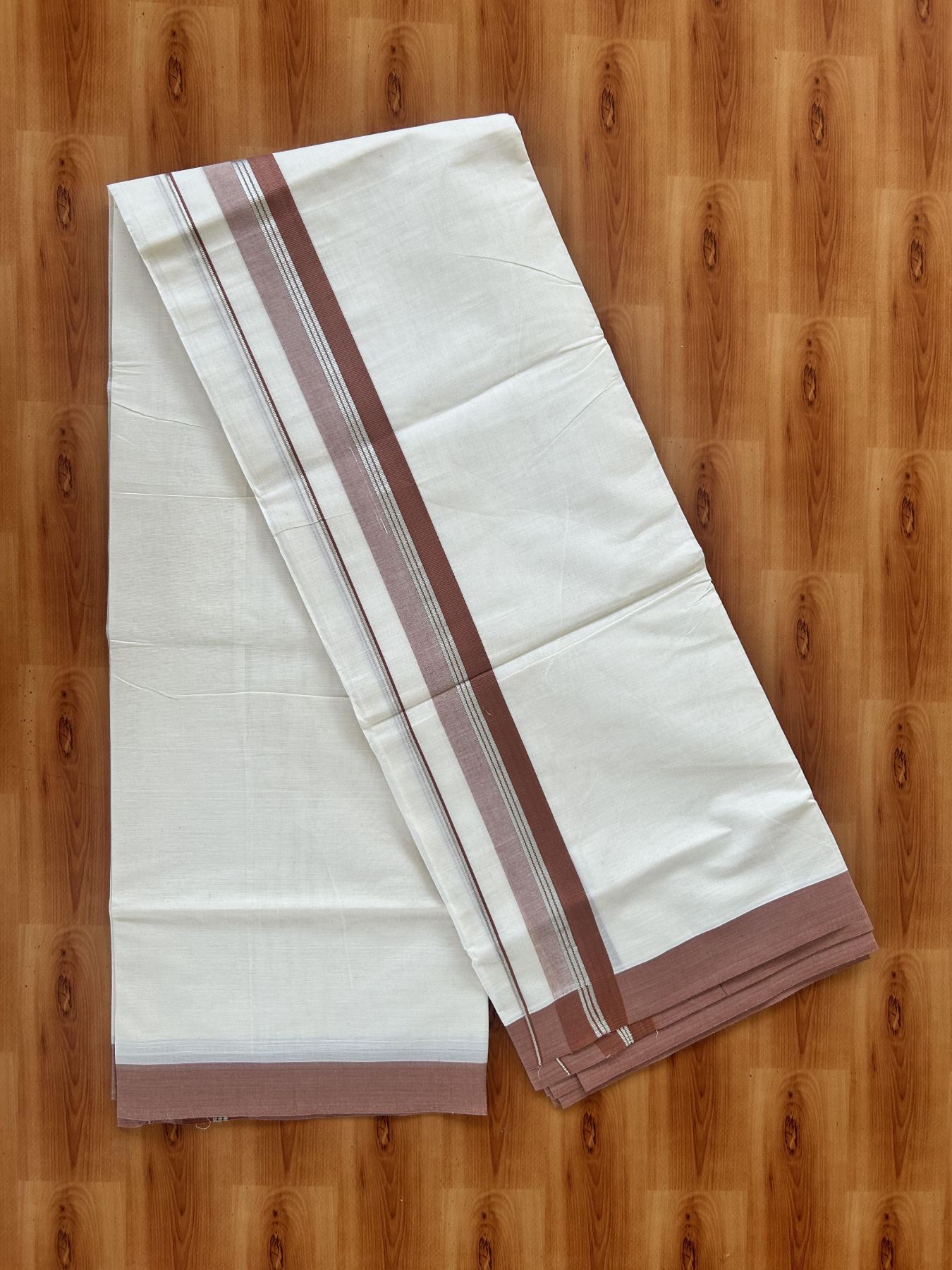 Double Off White (Unbleached) Mundu/Dhoti - 20% Discount! Kaitharikada 100% Pure Cotton - 100x80 - 1.75 inch Silver Kasav & Chestnut Brown striped shaded Kara 4 mtr (8.5 muzham) - 26 KK5460 PMC