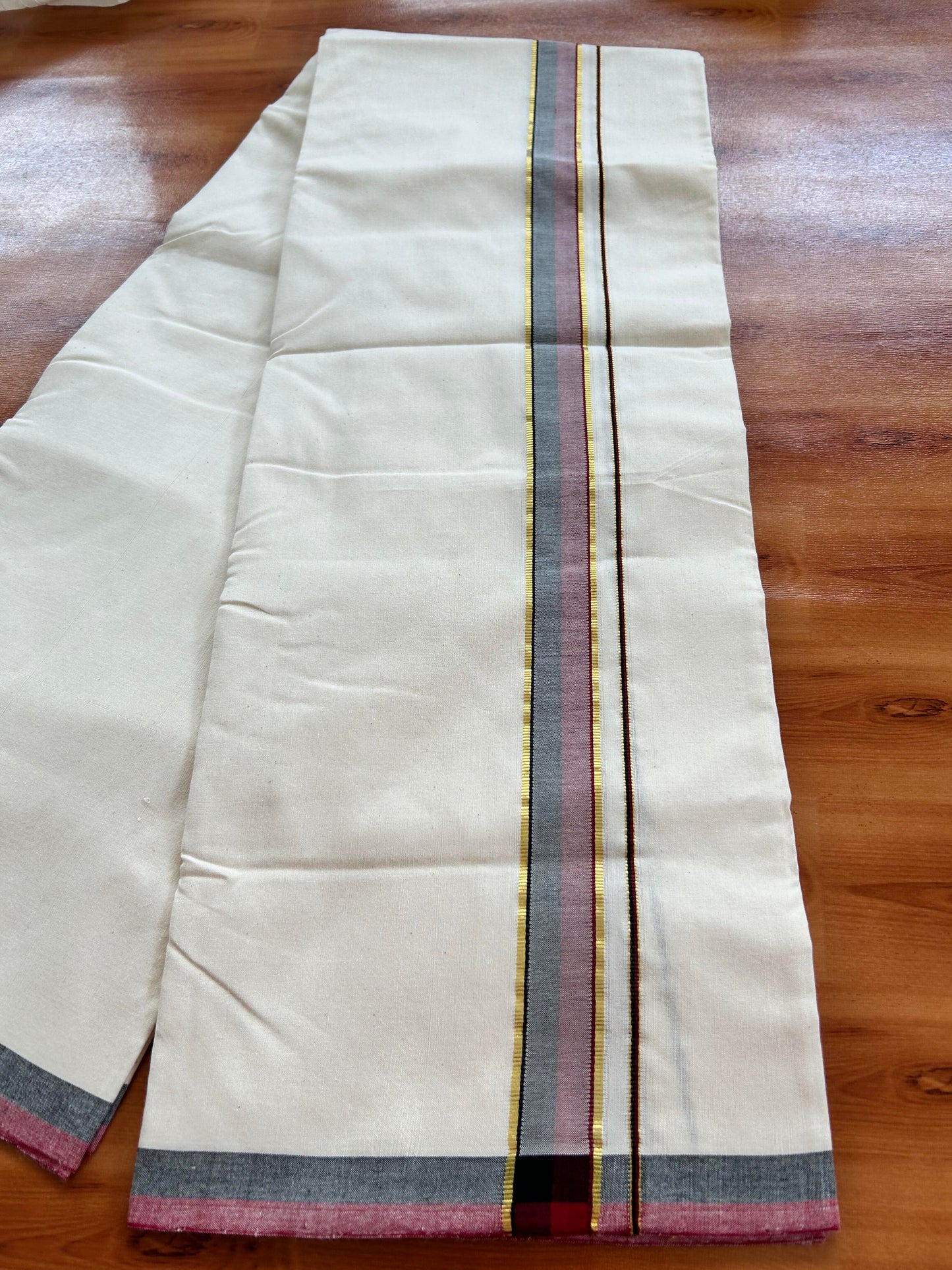 Dmk Veshti - 25%Discount !! Signature Kaitharikada Exclusive Single Dhoti - 100% Cotton - Kerala Handloom Single Mundu/Dhoti - Off White - (Unbleached) 1.25 inch Gold Kasav Black & Maroon Shaded kara (2 meter / 4 muzham)- 3 KK5410 KAI