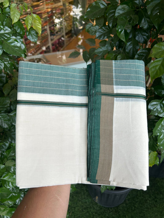 25% Discount!! KaithariKada Handloom  Unakkupaav - Kerala Handloom - 100% Pure Cotton Off White - (Unbleached) Double Mundu/Dothi - 100 x 80 - 5.5 inch Green & Brown Side Striped Kara 4 meter (8.5 muzham) - 4 KK5366 REA
