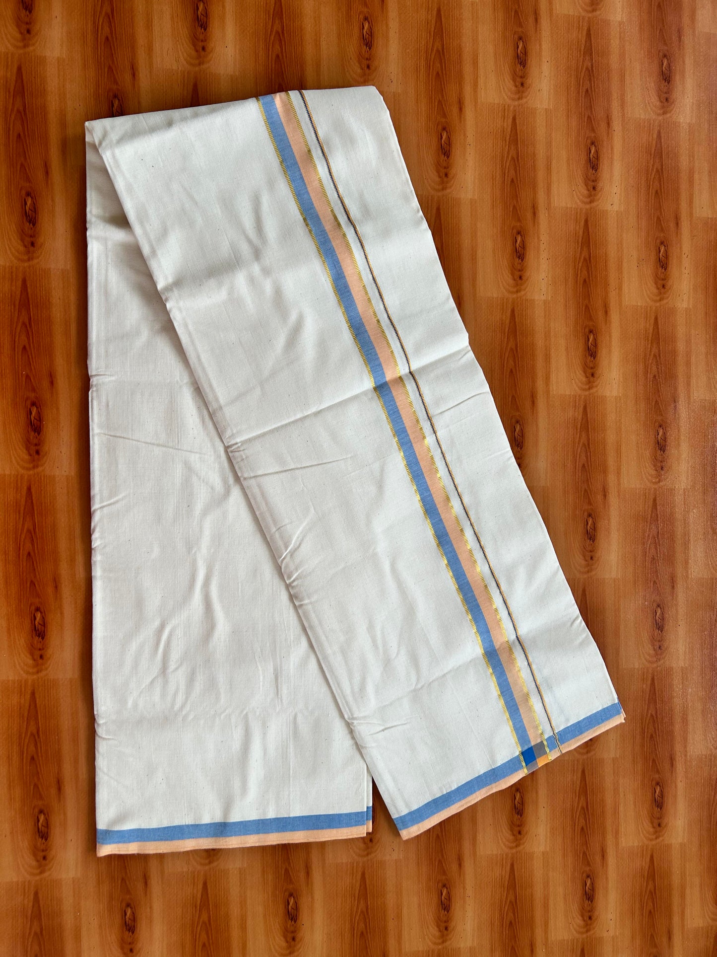 Single Off White - (Unbleached) Mundu/Dhoti - 25%Discount !! Signature Kaitharikada Exclusive Single Dhoti - 100% Cotton - Kerala Handloom - 1 inch Gold Kasav Peach Orange & Blue Shaded kara (2 meter / 4 muzham)- 4 KK5410 KAI