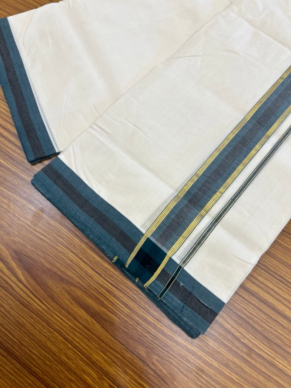 25% DISCOUNT!! KaithariKada HANDLOOM UNAKKUPAAV Balaramapuram - 100% PURE Cotton OFF White Double - (Unbleached)- Mundu/Dothi - 1.5 inch Gold Kasav Dark Teal Green & Black Kara 4 Meters (8.5 Muzham) - 51 KK5249 REA