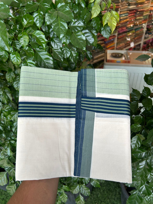 25% Discount!! KaithariKada Handloom  Unakkupaav - Kerala Handloom - 100% Pure Cotton Off White - (Unbleached) Double Mundu/Dothi - 100 x 80 - 6.5 inch Dark Sea Green & Peacock Blue Side Striped Kara 4 meter (8.5 muzham) - 10 KK5366 REA