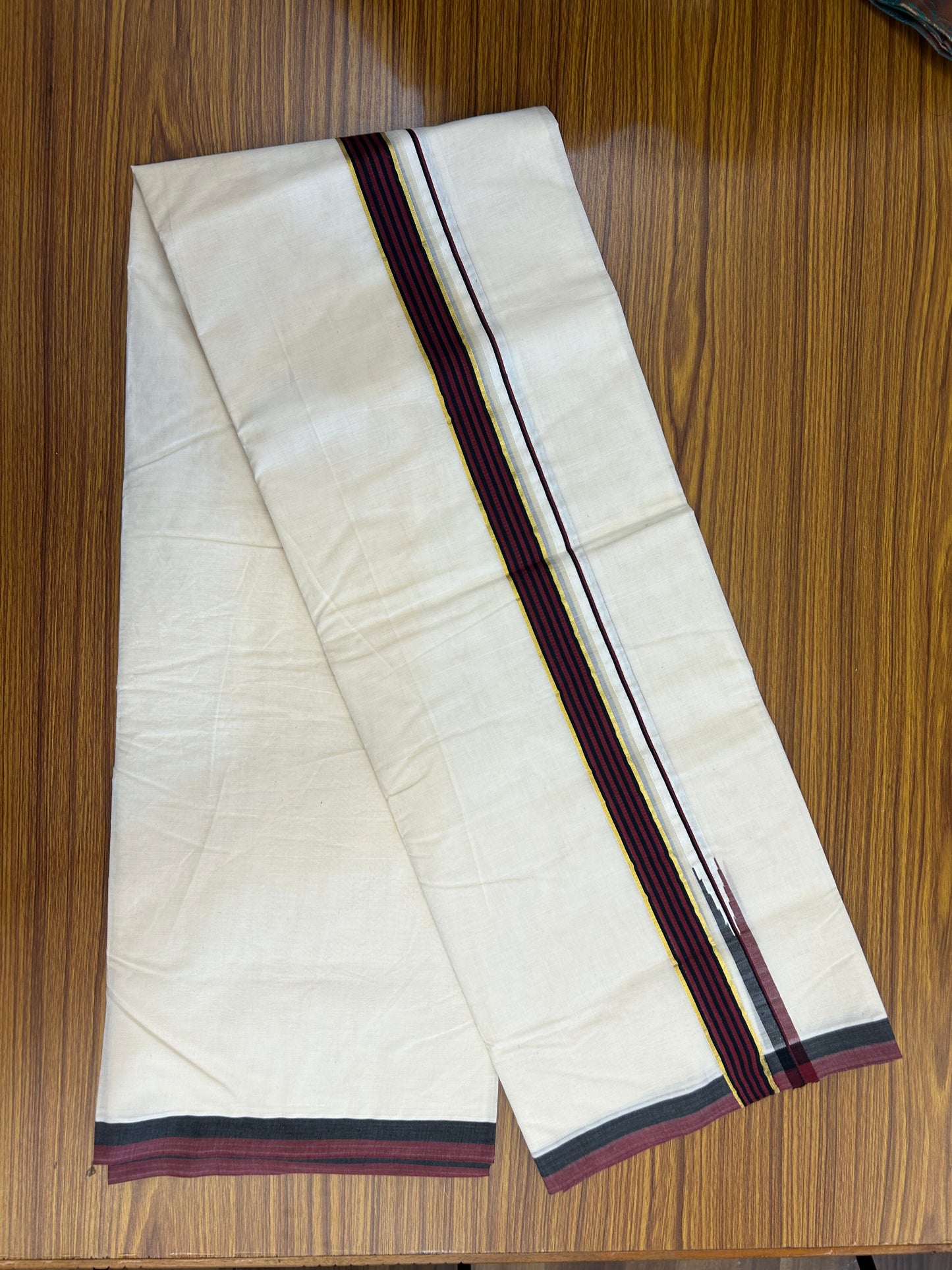 Dmk Veshti - 20% Discount !! KaithariKada Balaramapuram Double Off White - (Unbleached) Mundu/Dhoti - 100X100 - 1.25 inch Puliyilakkara Kasav Maroon & Black Striped Chutty Kara 4 meters (8.5 Muzham) -  14 KK5347 ASH