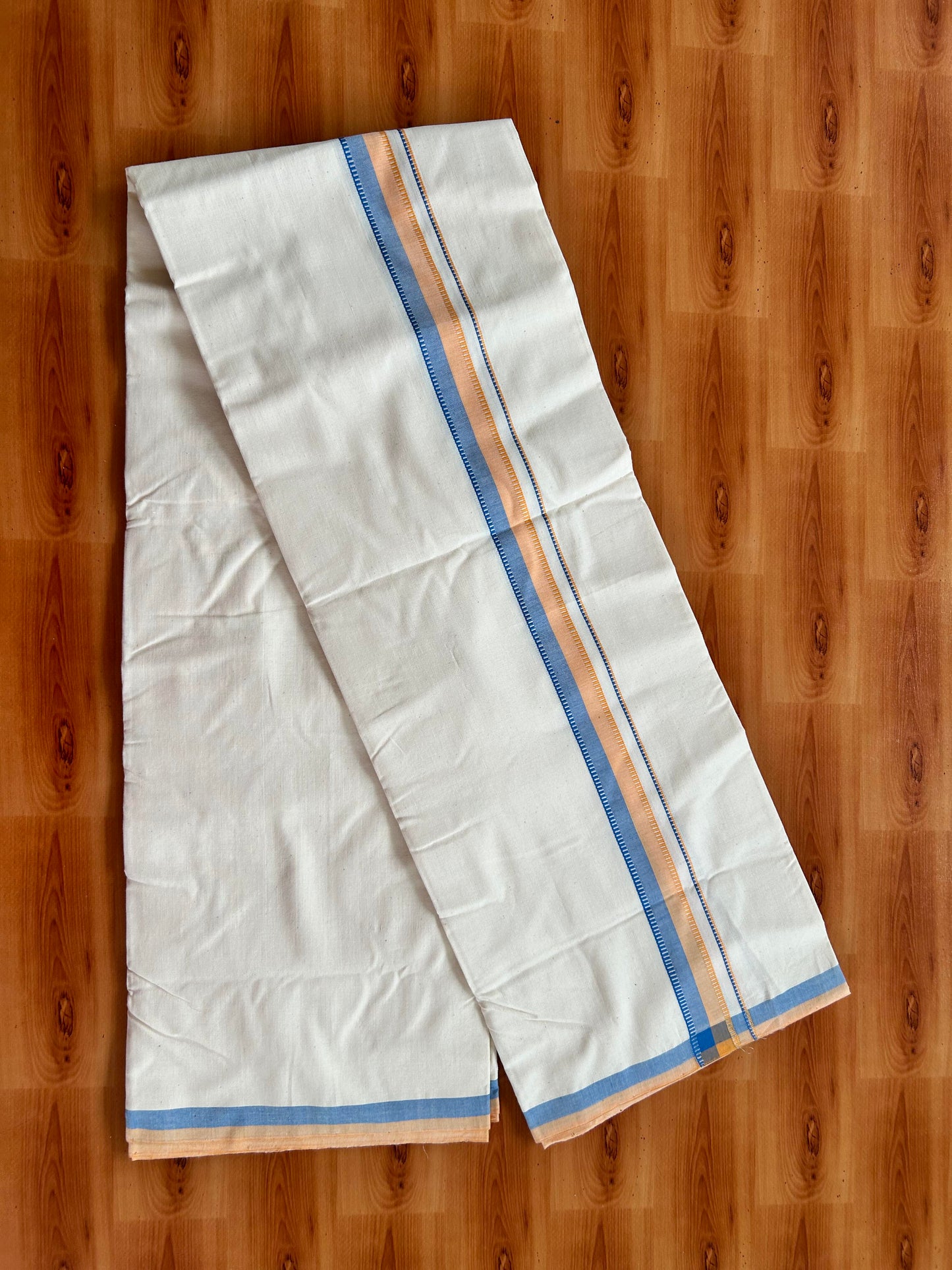 Single Off White - (Unbleached) Mundu/Dhoti - 25%Discount !! Signature Kaitharikada Exclusive Single Dhoti - 100% Cotton - Kerala Handloom - 1.25 inch Silver Kasav Peach Orange & Blue Shaded kara (2 meter / 4 muzham)- 5 KK5410 KAI