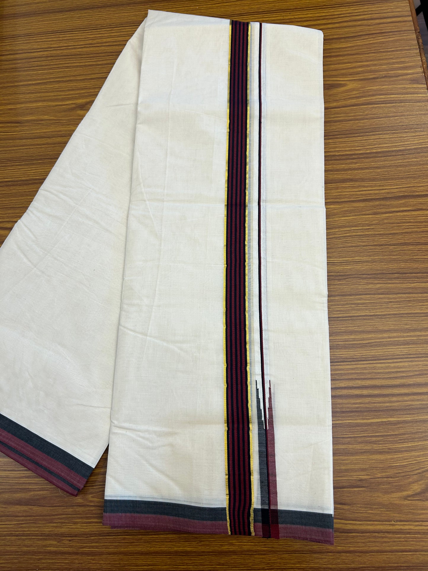 Dmk Veshti - 20% Discount !! KaithariKada Balaramapuram Double Off White - (Unbleached) Mundu/Dhoti - 100X100 - 1.25 inch Puliyilakkara Kasav Maroon & Black Striped Chutty Kara 4 meters (8.5 Muzham) -  14 KK5347 ASH