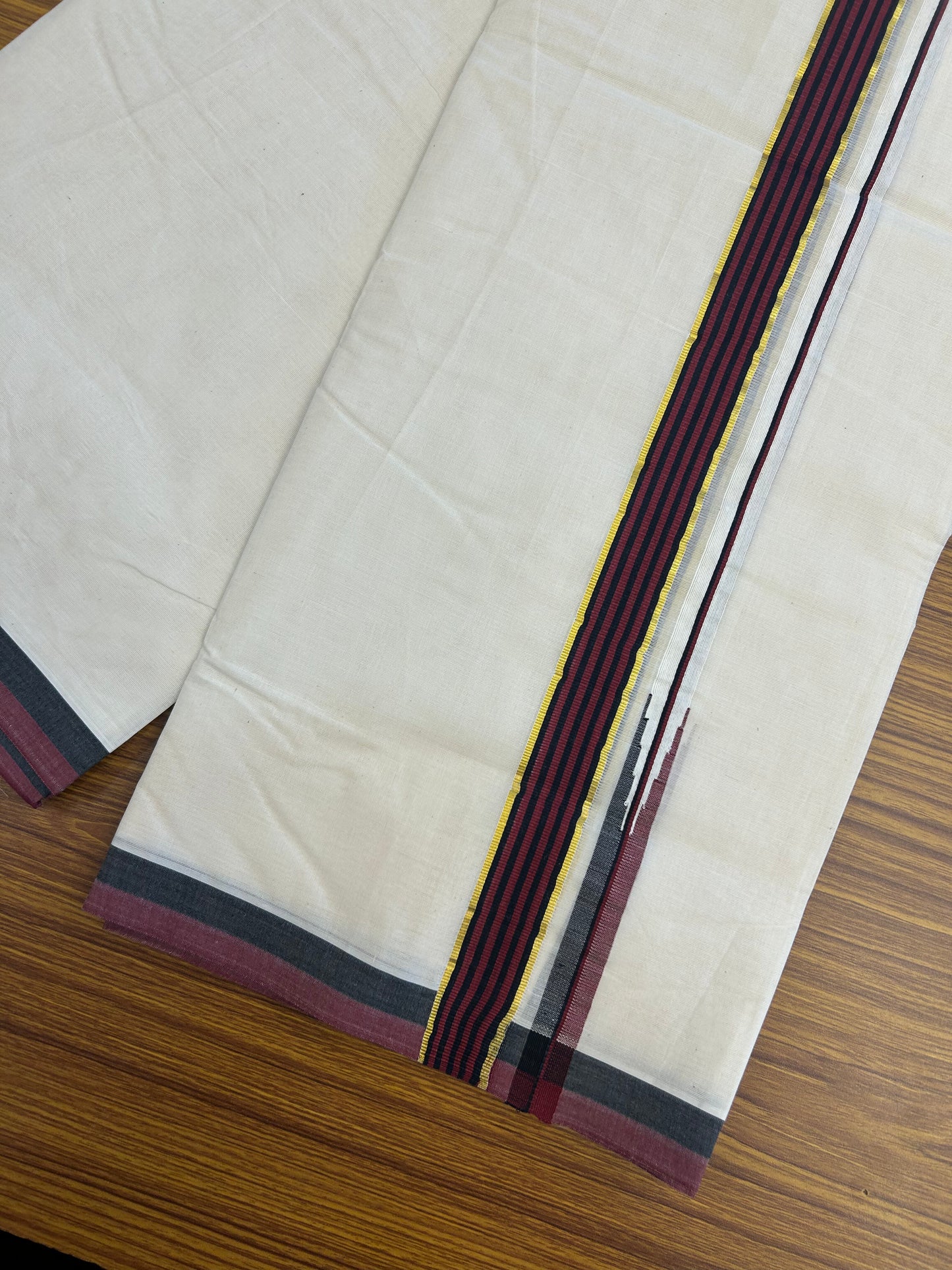 Dmk Veshti - 20% Discount !! KaithariKada Balaramapuram Double Off White - (Unbleached) Mundu/Dhoti - 100X100 - 1.25 inch Puliyilakkara Kasav Maroon & Black Striped Chutty Kara 4 meters (8.5 Muzham) -  14 KK5347 ASH