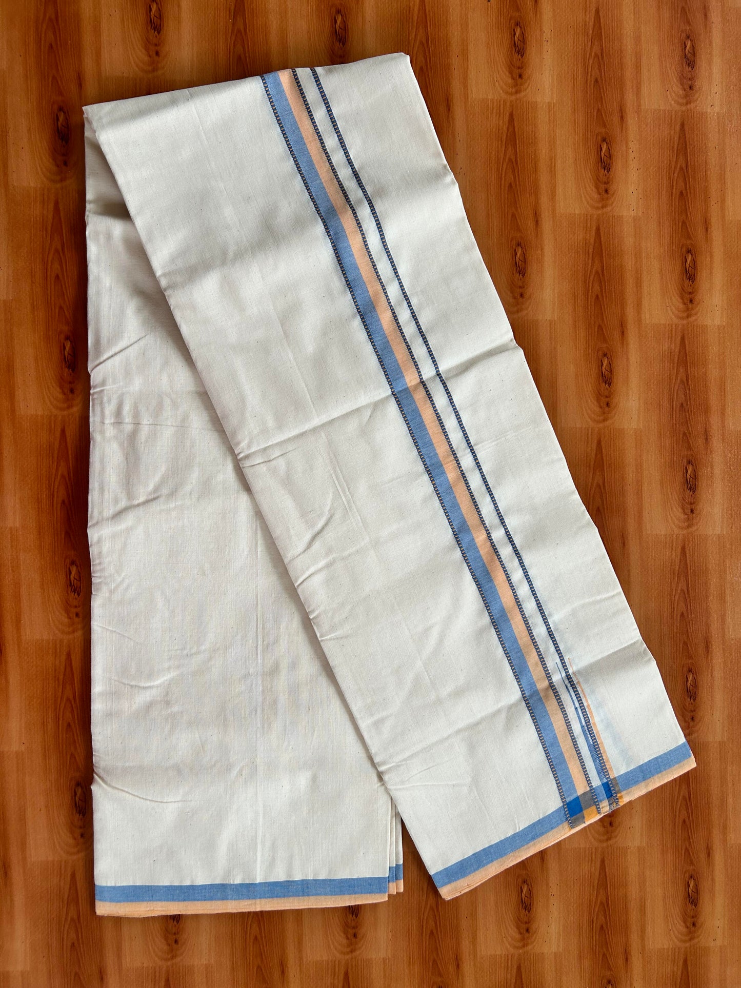 Single Off White - (Unbleached) Mundu/Dhoti - 25%Discount !! Signature Kaitharikada Exclusive Single Dhoti - 100% Cotton - Kerala Handloom - 1 inch Puliyilakkara Peach Orange & Blue Shaded Chutty kara (2 meter / 4 muzham)- 6 KK5410 KAI
