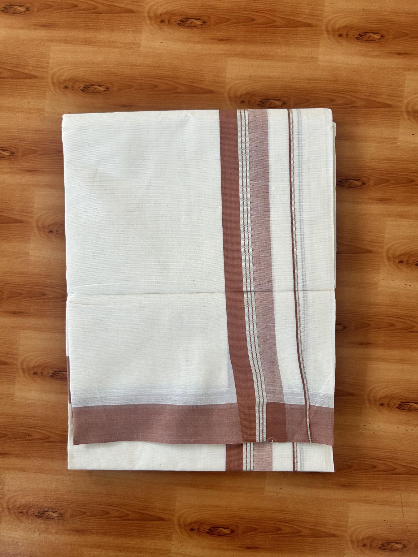 Double Off White (Unbleached) Mundu/Dhoti - 20% Discount! Kaitharikada 100% Pure Cotton - 100x80 - 1.75 inch Silver Kasav & Chestnut Brown striped shaded Kara 4 mtr (8.5 muzham) - 26 KK5460 PMC