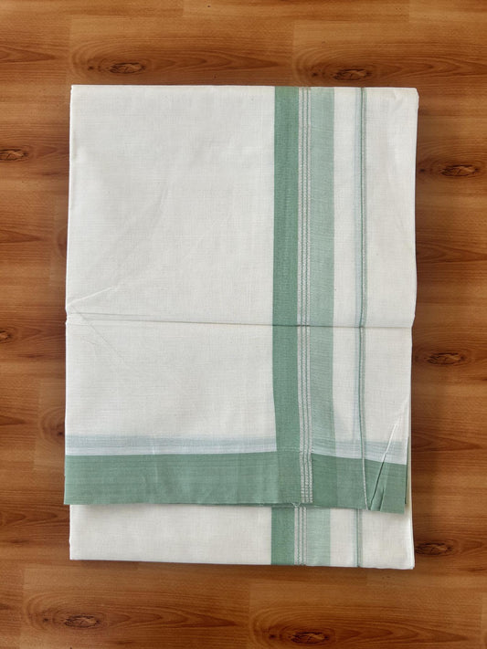 Double Off White (Unbleached) Mundu/Dhoti - 20% Discount! Kaitharikada 100% Pure Cotton - 100x80 - 1.75 inch Silver Kasav & Pista Green striped shaded Kara 4 mtr (8.5 muzham) - 18 KK5460 PMC
