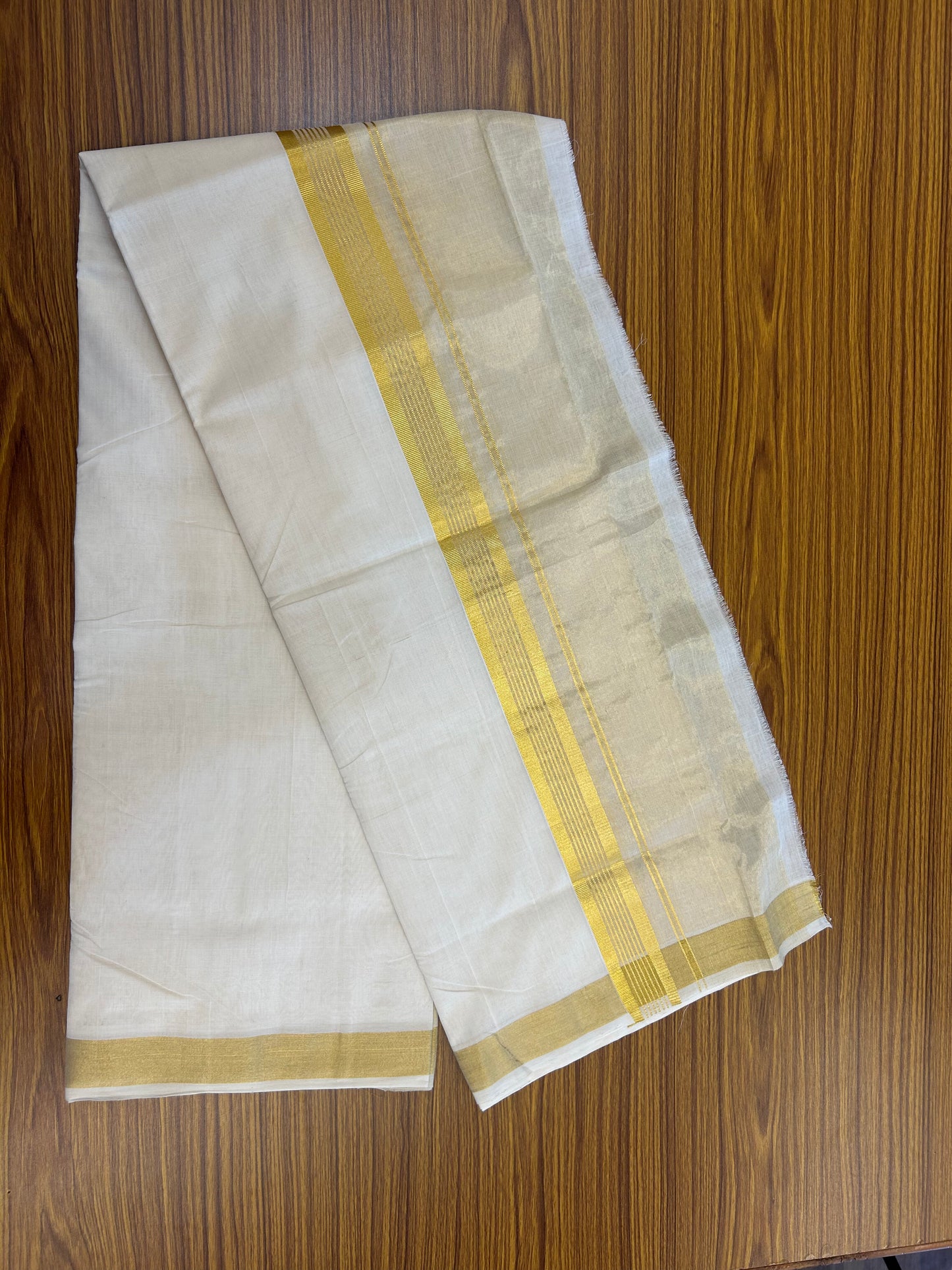 25% Discount ! KaithariKada Handloom Unakkupaav Balaramapuram - 100% Pure Cotton Off White  (Unbleached) Mundu/Dhoti & Neriyath set - 7 Inch Kasav stripes Half tissue Kara - 4 mtr (8.5 Muzham) - 1 KK5367 ABH