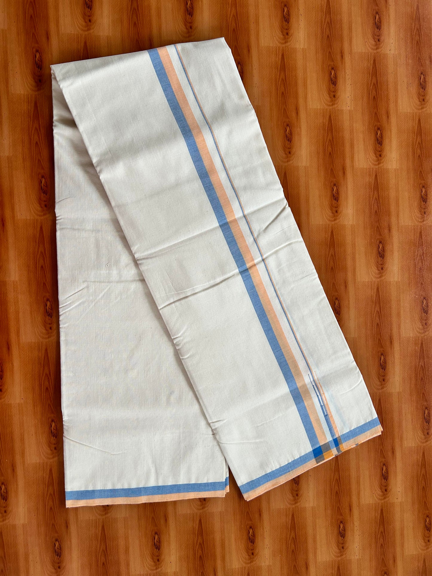 Single Off White - (Unbleached) Mundu/Dhoti - 25%Discount !! Signature Kaitharikada Exclusive Single Dhoti - 100% Cotton - Kerala Handloom - 1 inch Puliyilakkara Peach Orange & Blue Shaded Chutty kara (2 meter / 4 muzham)- 7 KK5410 KAI