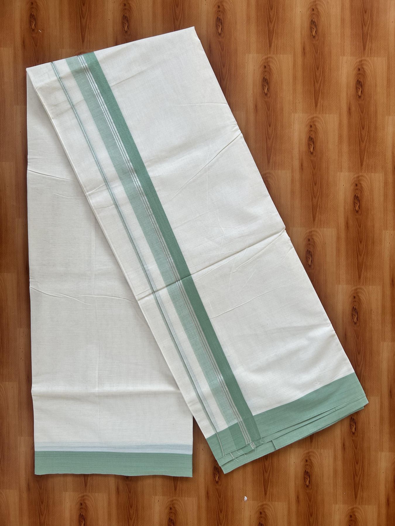 Double Off White (Unbleached) Mundu/Dhoti - 20% Discount! Kaitharikada 100% Pure Cotton - 100x80 - 1.75 inch Silver Kasav & Pista Green striped shaded Kara 4 mtr (8.5 muzham) - 18 KK5460 PMC