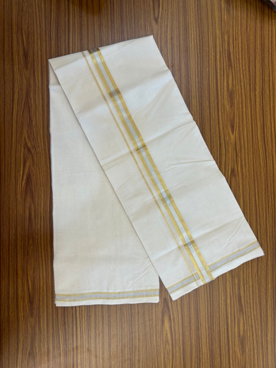 25% Discount! KaithariKada Handloom Millpaav Balaramapuram - Cotton Double Mundu/Dhoti Off white (Unbleached) - 80x90 - 1 inch Silver Kasav & Gold Kasav Stripes Kara 4 meter (8.5 Muzham) - 7 KK5269 RAM