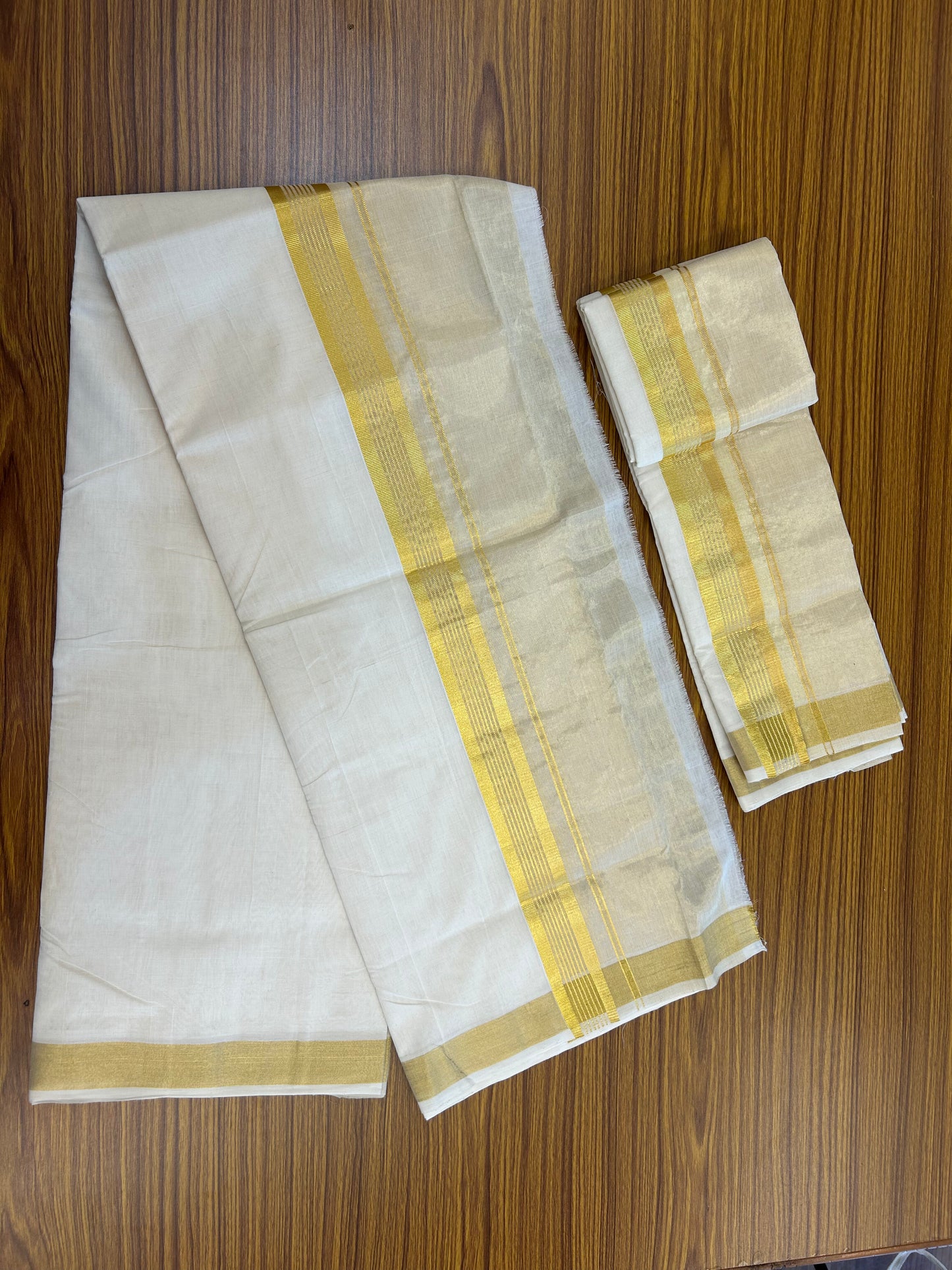 25% Discount ! KaithariKada Handloom Unakkupaav Balaramapuram - 100% Pure Cotton Off White  (Unbleached) Mundu/Dhoti & Neriyath set - 7 Inch Kasav stripes Half tissue Kara - 4 mtr (8.5 Muzham) - 1 KK5367 ABH