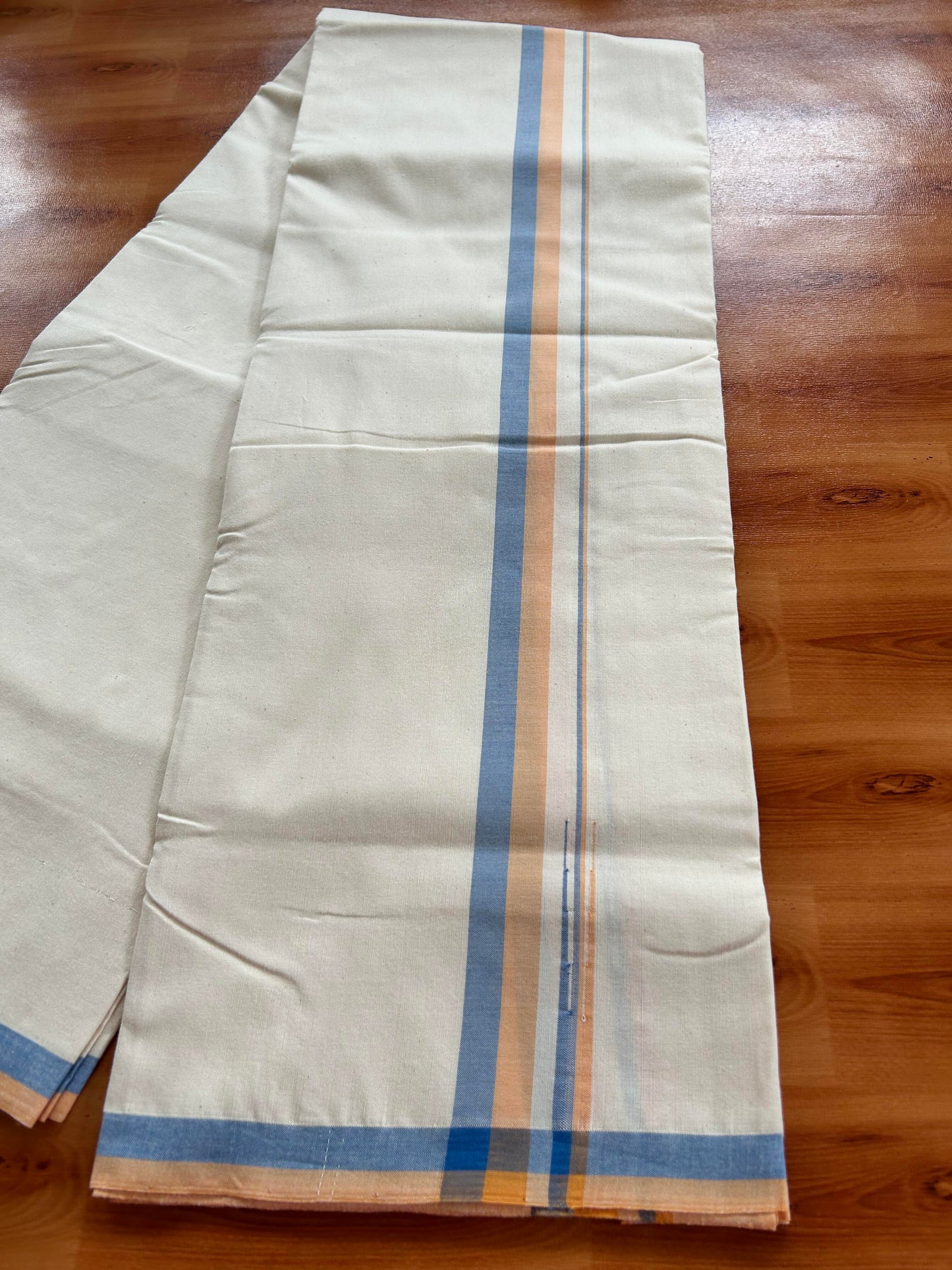 Single Off White - (Unbleached) Mundu/Dhoti - 25%Discount !! Signature Kaitharikada Exclusive Single Dhoti - 100% Cotton - Kerala Handloom - 1 inch Puliyilakkara Peach Orange & Blue Shaded Chutty kara (2 meter / 4 muzham)- 7 KK5410 KAI