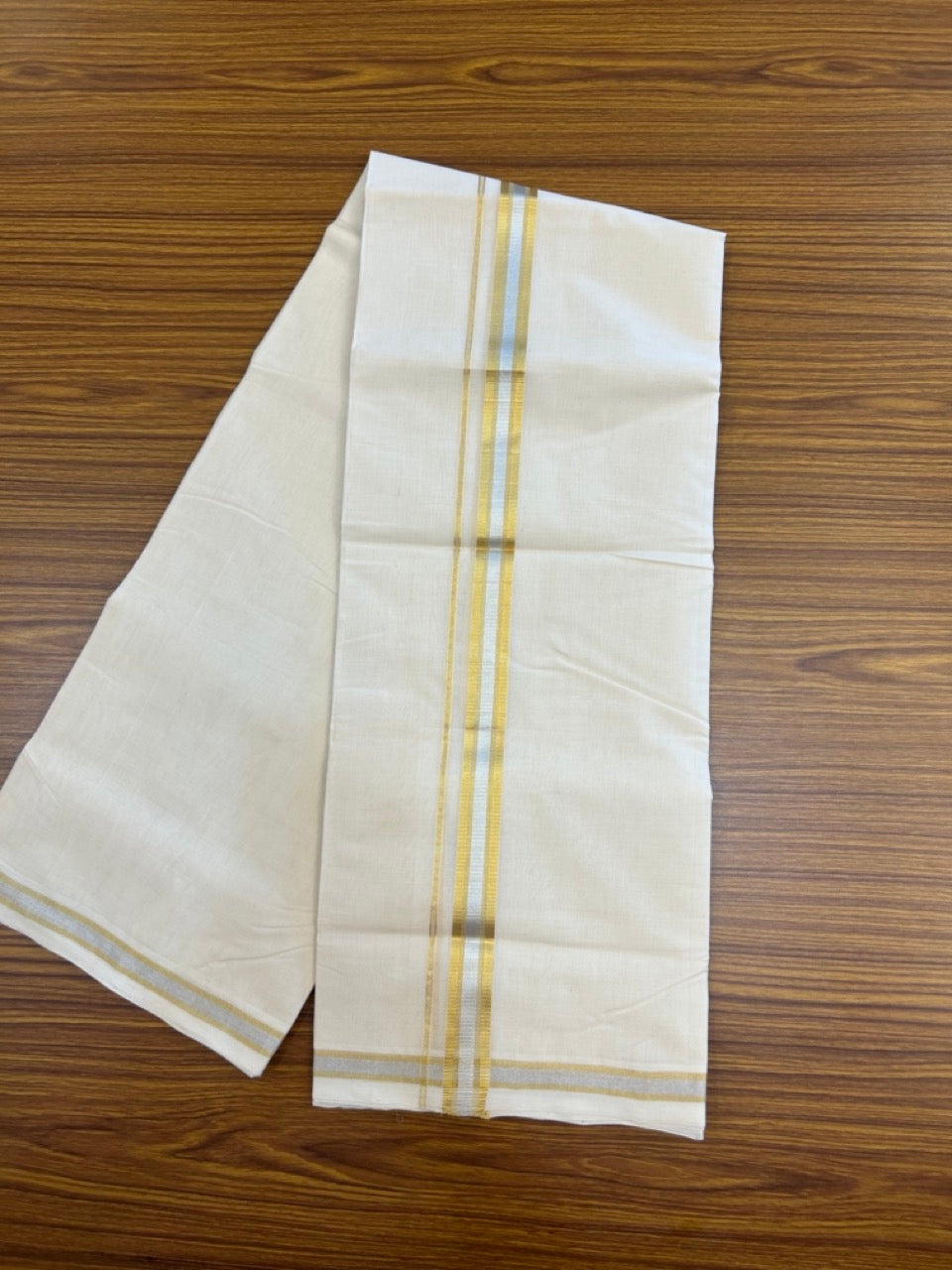 25% Discount! KaithariKada Handloom Millpaav Balaramapuram - Cotton Double Mundu/Dhoti Off white (Unbleached) - 80x90 - 1 inch Silver Kasav & Gold Kasav Stripes Kara 4 meter (8.5 Muzham) - 7 KK5269 RAM
