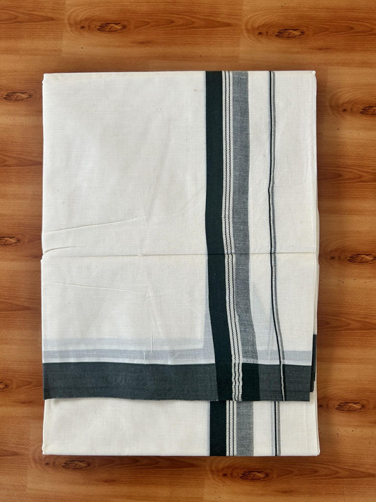 Double Off White (Unbleached) Mundu/Dhoti - 20% Discount! Kaitharikada 100% Pure Cotton - 100x80 - 1.5 inch Silver Kasav & Dark Olive Green striped shaded Kara 4 mtr (8.5 muzham) - 20 KK5460 PMC
