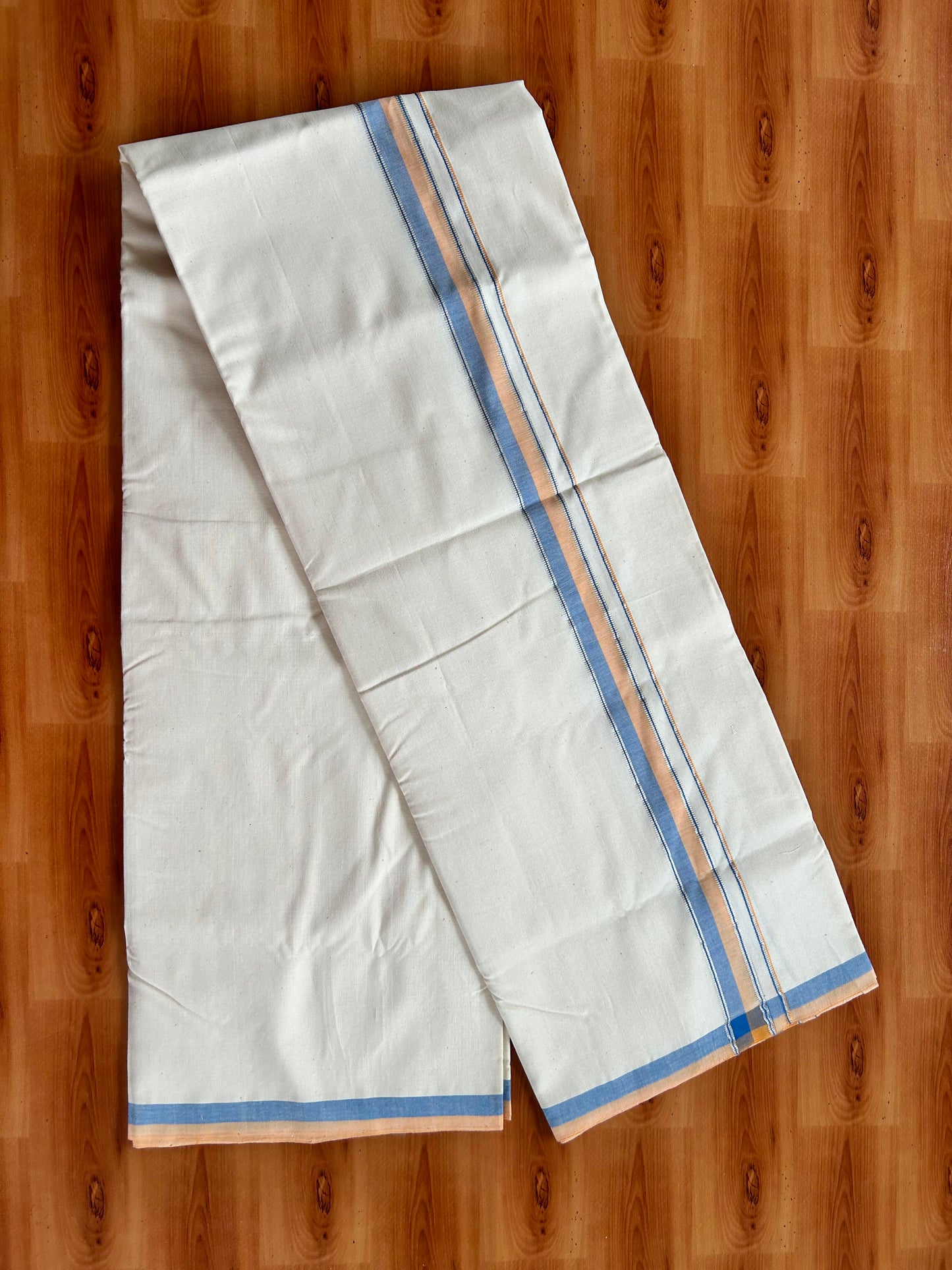 Single Off White - (Unbleached) Mundu/Dhoti - 25%Discount ! Signature Kaitharikada Exclusive Dhoti - 100% Cotton - Kerala Handloom - 1.25 inch Silver Kasav Peach Orange & Blue Shaded kara (2 meter / 4 muzham)- 9 KK5410 KAI