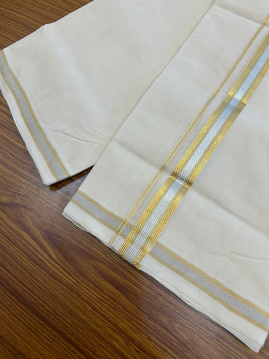 25% Discount! KaithariKada Handloom Millpaav Balaramapuram - Cotton Double Mundu/Dhoti Off white (Unbleached) - 80x90 - 1 inch Silver Kasav & Gold Kasav Stripes Kara 4 meter (8.5 Muzham) - 7 KK5269 RAM