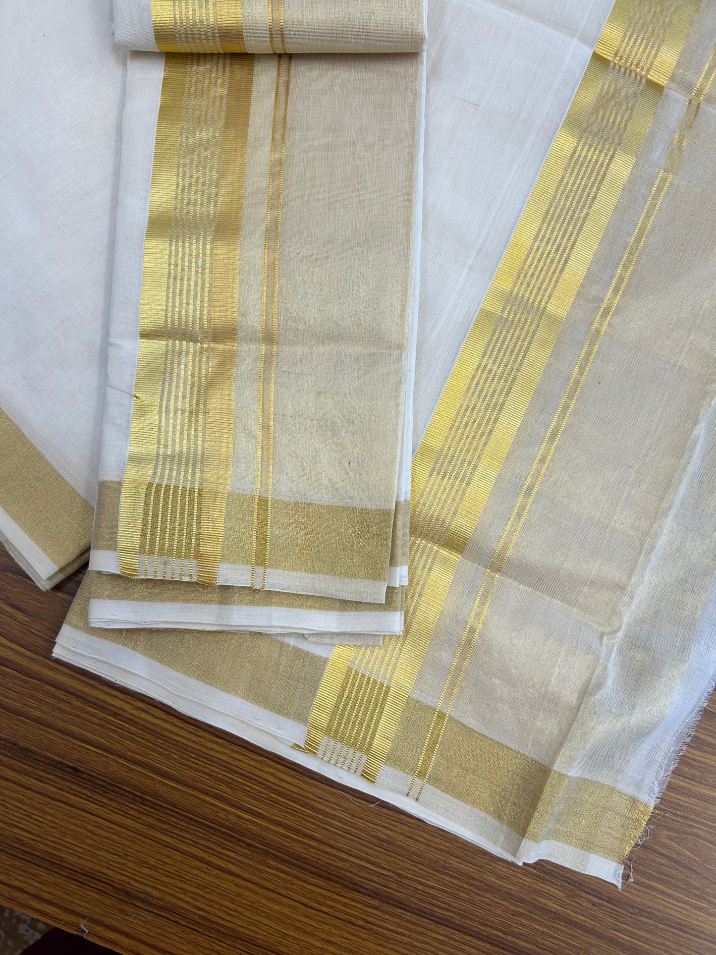 25% Discount ! KaithariKada Handloom Unakkupaav Balaramapuram - 100% Pure Cotton Off White  (Unbleached) Mundu/Dhoti & Neriyath set - 7 Inch Kasav stripes Half tissue Kara - 4 mtr (8.5 Muzham) - 1 KK5367 ABH