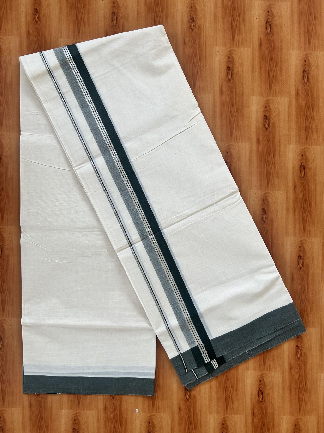 Double Off White (Unbleached) Mundu/Dhoti - 20% Discount! Kaitharikada 100% Pure Cotton - 100x80 - 1.5 inch Silver Kasav & Dark Olive Green striped shaded Kara 4 mtr (8.5 muzham) - 20 KK5460 PMC