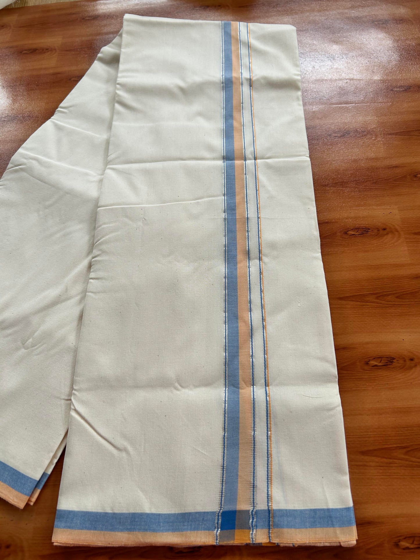 Single Off White - (Unbleached) Mundu/Dhoti - 25%Discount ! Signature Kaitharikada Exclusive Dhoti - 100% Cotton - Kerala Handloom - 1.25 inch Silver Kasav Peach Orange & Blue Shaded kara (2 meter / 4 muzham)- 9 KK5410 KAI