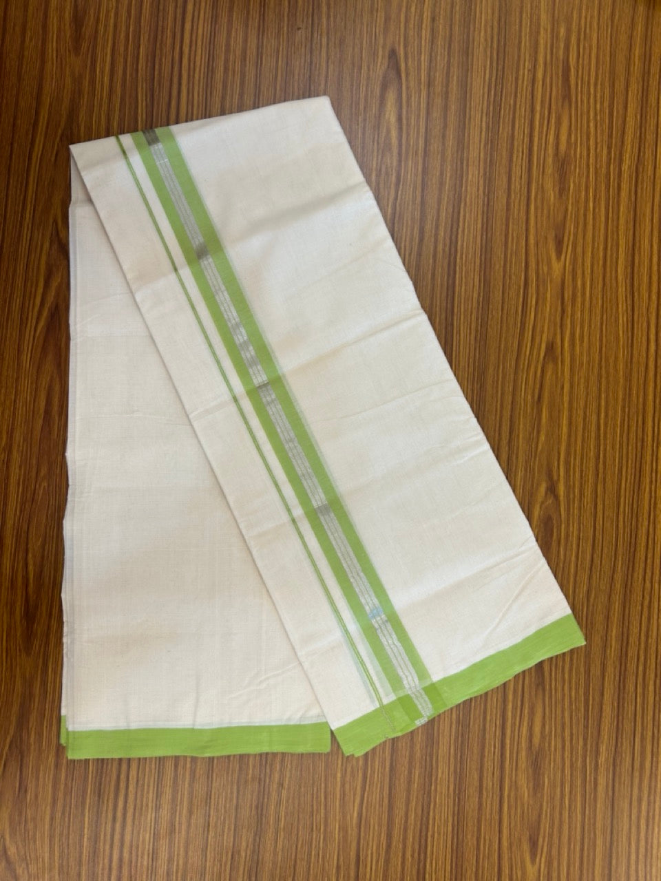 25% Discount ! KaithariKada Handloom Millpaav Balaramapuram - 100% PURE Cotton OFF White (Unbleached) Double Mundu/Dothi - 80x90 - 1.5 inch Silver Kasav & Light Green Shaded Striped Kara 4 Meters (8.5 Muzham) - 2 KK5269 RAM