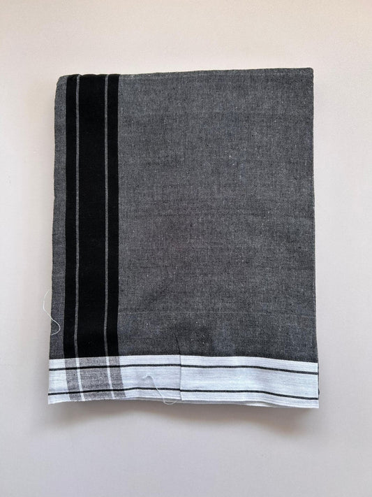 Kaitharikada - Single Kaily / Lungi - Mixed Cotton - (2/40s) twisted - 2 inch Black Striped kara Pastel Blue Border with Ash Blue Body (2 meter / 4 muzham) - 41 KK8088 SAT