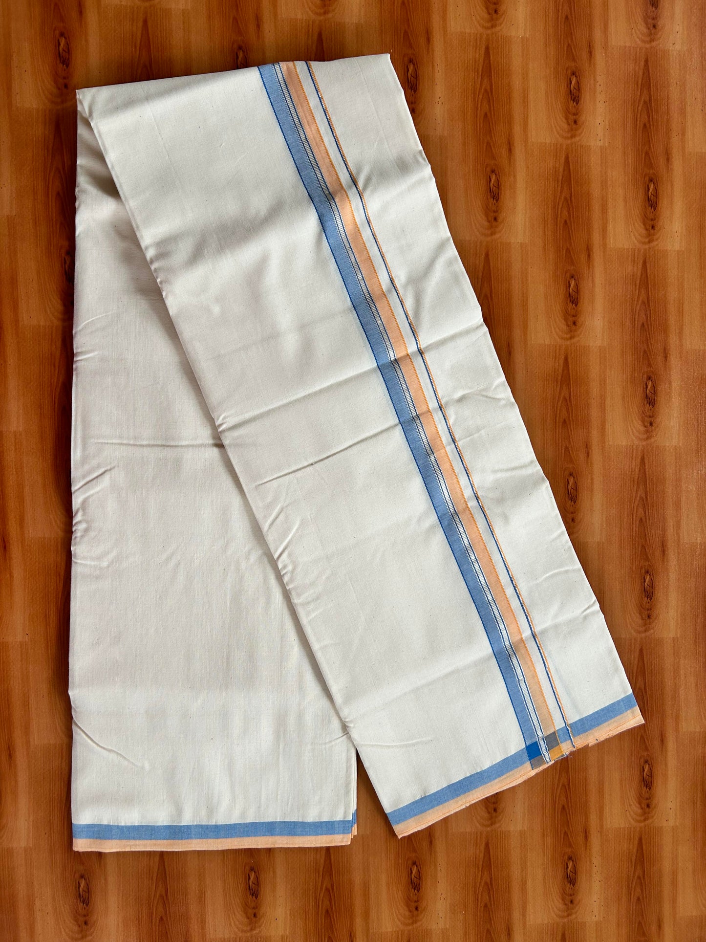 Single Off White - (Unbleached) Mundu/Dhoti - 25%Discount ! Signature Kaitharikada Exclusive Dhoti - 100% Cotton - Kerala Handloom - 1.25 inch Silver Kasav Peach Orange & Blue Shaded kara (2 meter / 4 muzham)- 10 KK5410 KAI