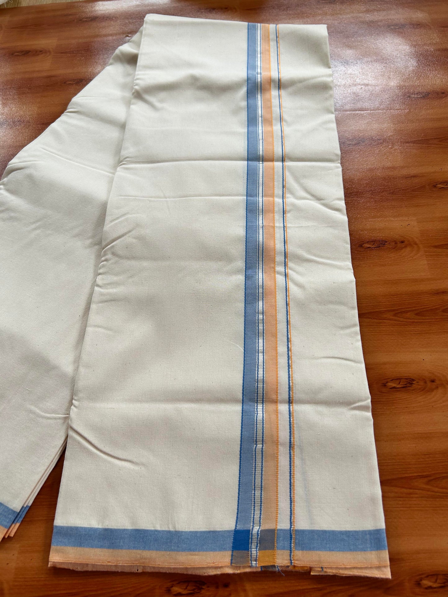 Single Off White - (Unbleached) Mundu/Dhoti - 25%Discount ! Signature Kaitharikada Exclusive Dhoti - 100% Cotton - Kerala Handloom - 1.25 inch Silver Kasav Peach Orange & Blue Shaded kara (2 meter / 4 muzham)- 10 KK5410 KAI